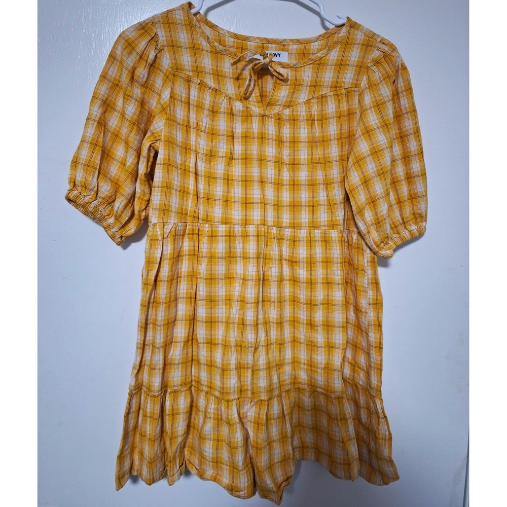 Old Navy Girls Large 10-12 Plaid Tiered Dress Yellow White Peasant Puff Sleeve
